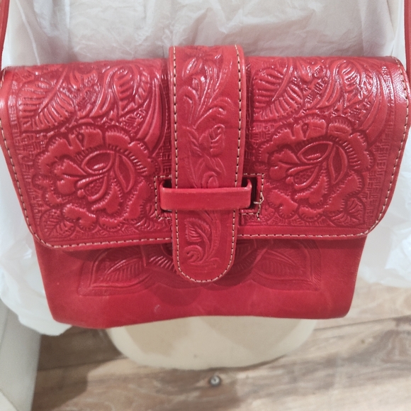 Vtg Tooled Leather Bag RED - Picture 5 of 11